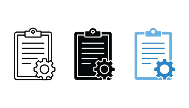 Set of clipboard with gear icons representing task management and project workflow optimization in outline solid and blue color styles isolated for business productivity and software development