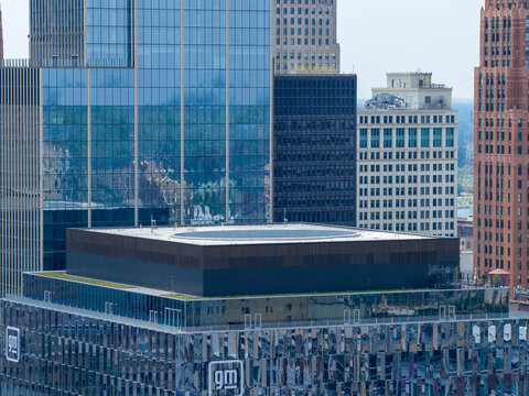Aerial shot of Skyscrapers and office buildings in the skyline in Detroit Michigan USA