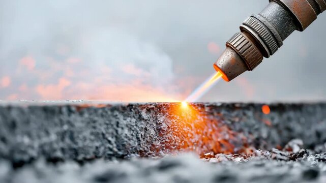 Tracking closeup shot of blowtorch nozzle cutting metal surface with sparks and molten slag on concrete workshop floor
