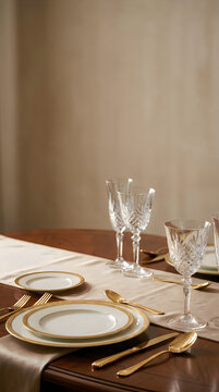 Elegant table setting with fine china plates, crystal glassware, and gold cutlery on a wooden table with a beige runner