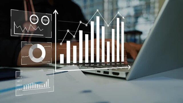 Businessman using a laptop with hologram charts and graphs overlay, Business data analysis growth finance and digital reporting in a modern office setting