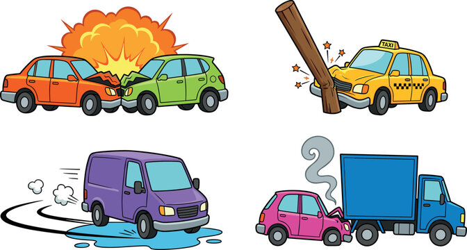 Cartoon Car Crash and Traffic Accident Vector Set Featuring Head On Collision, Taxi Hitting Pole, Skidding Van, and Truck Rear End Impact