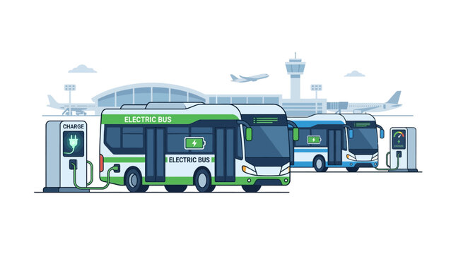 Electric Buses Charging at Airport Terminal with Airplanes and Control Tower