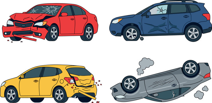 Car Accident and Auto Crash Vector Set Featuring Front End Collision Side Dent Rear Impact and Rollover Automobile Damage Illustration Symbols