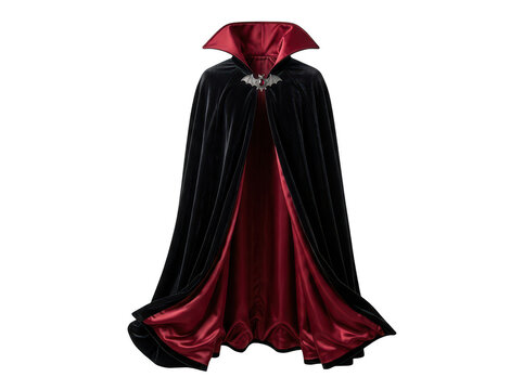Vampire cape with red lining and bat clasp, isolated on transparent background