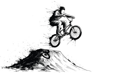 Naklejka premium Action-packed illustration of a BMX rider performing a daring mid-air jump over a dirt ramp, detailed sketch style.