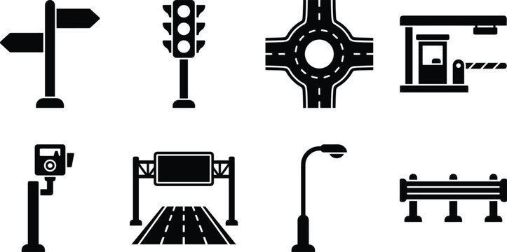 Road Infrastructure and Traffic Management Silhouette Icon Set for Transportation Design