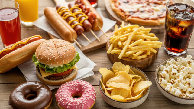 Table filled with delicious fast food, pizza, burgers, hot dogs, and fries