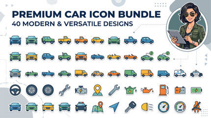 Car Icon Bundle Flat Vector Illustrations With Colorful Outlines © Moon