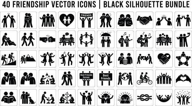 Friendship Vector Icons Black Silhouette Bundle On White Background