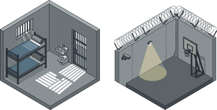 Isometric Prison Cell Interior and Exercise Yard Vector Set Featuring Bunk Bed Barred Window Spotlight Surveillance Camera and Basketball Hoop Illustration