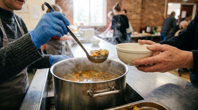A first-person view shows a gloved volunteer hand holding a ladle above a steaming soup pot while another person offers a bowl. The image represents community meal service and food security.