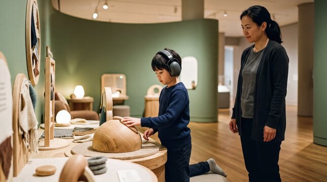 sensory-friendly spaces, a calm child wearing noise-canceling headphones explores a quiet exhibit