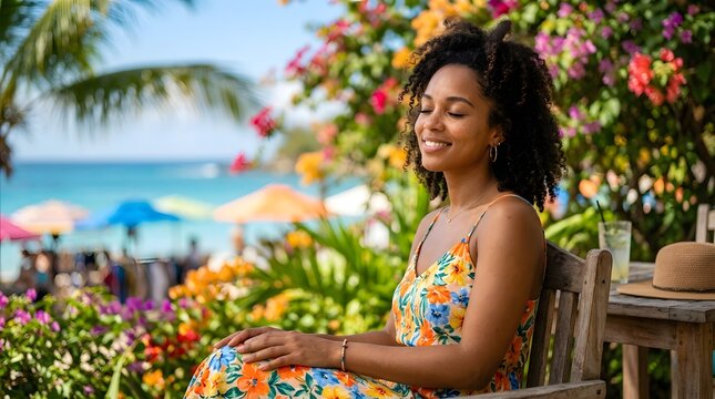 A woman with eyes closed in serene bliss, wearing a floral dress, sits on a wooden bench, enjoying the vibrant beauty of a tropical garden overlooking a sun-drenched beach and turquoise ocean.
