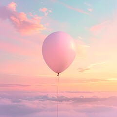 Fototapeta premium Single pink balloon floating high in the pastel sky above fluffy clouds at sunset, surreal dreamy digital art representing freedom and peace