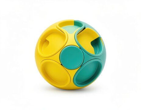 Colorful yellow and blue modern spherical plastic geometric puzzle toy isolated on a white background.