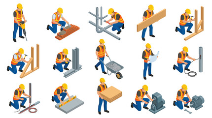 Fototapeta premium Isometric construction workers performing various maintenance tasks and manual labor duties in bright professional work gear