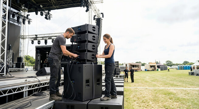 Sound crew setting up line array speaker system on outdoor stage. Technicians preparing audio equipment for summer music festival
