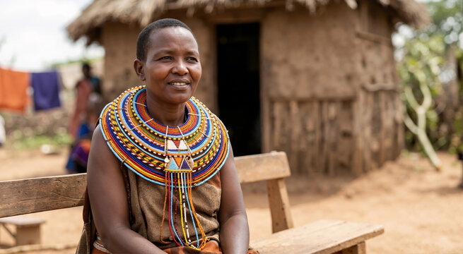 Indigenous woman wearing a colorful beaded tribal necklace. Portrait of a female in traditional clothing sitting outside a rural hut