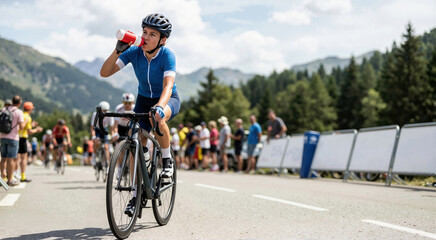 Naklejka premium Female cyclist drinking from a red water bottle during a road race. Professional woman athlete riding a bicycle in the mountains