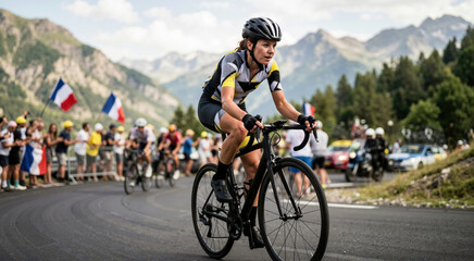 Naklejka premium Female professional cyclist riding road bike up mountain pass. Athlete competing in race with cheering spectators and French flags