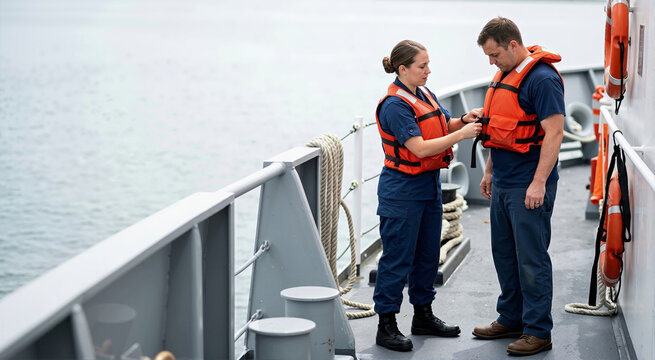 Maritime crew members adjusting an orange life jacket on a ship deck. Coast guard professionals practicing safety and rescue procedures at sea