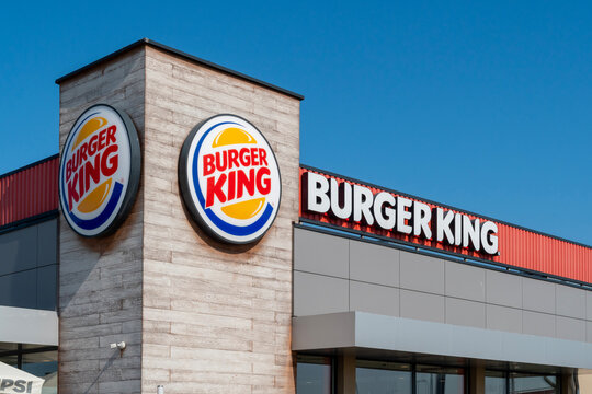 Dąbrowa Wielka, Poland - May 22, 2026: Burger King fast food restaurant exterior with brand logo on modern building facade