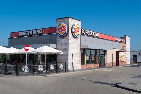 Dąbrowa Wielka, Poland - May 22, 2026: Burger King fast food restaurant exterior with brand logo on modern building facade