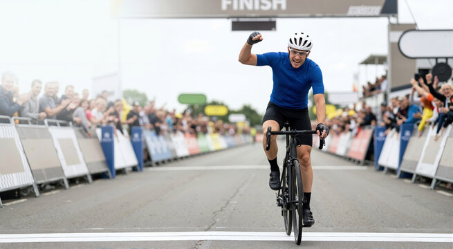 Male cyclist crossing the finish line and celebrating victory. Professional man athlete winning a bicycle race with cheering crowd