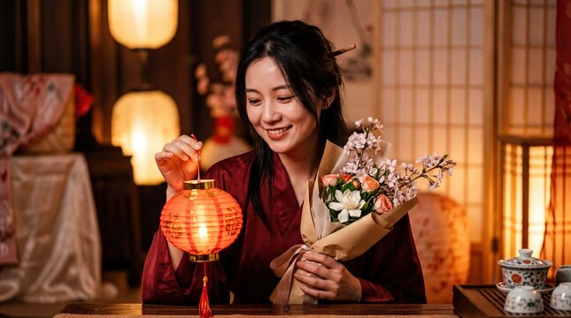 cultural celebration, a person radiates joy, surrounded by traditional elements of chinese valentines day
