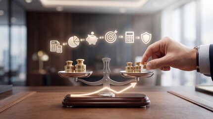 Obraz premium Businessman balancing savings investments and expenses on scales with financial icons