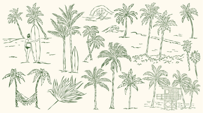 Hand drawn tropical beach collection with palm trees, surfer girl, surfboards, ocean waves, hammock, and lifeguard tower in vintage line art style