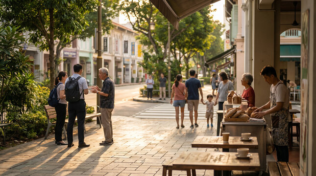 Golden Hour Tropical Promenade With Storefront Life And Safe Pedestrian Space