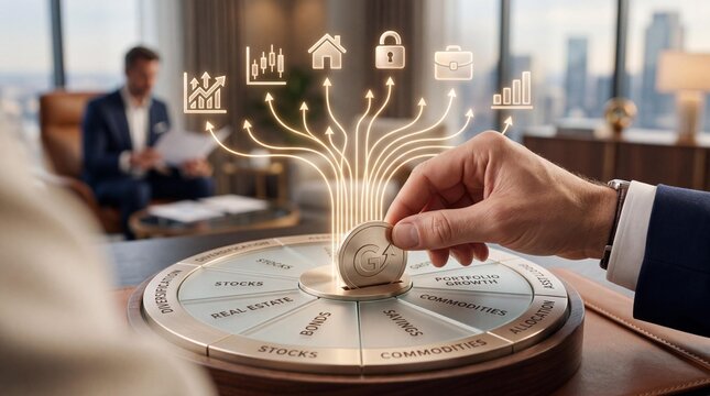 Businessman analyzing investment options with financial icons