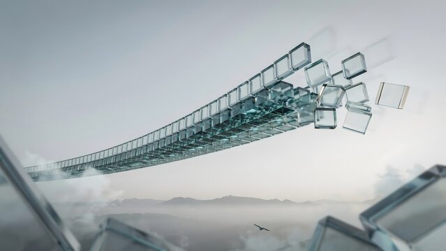Glass block pedestrian bridge at dawn &ndash; Suitable for modern engineering or glass architecture.
