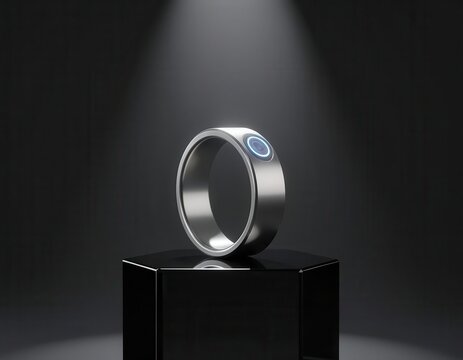 Futuristic metallic smart ring with a small blue light displayed on a dark geometric pedestal.