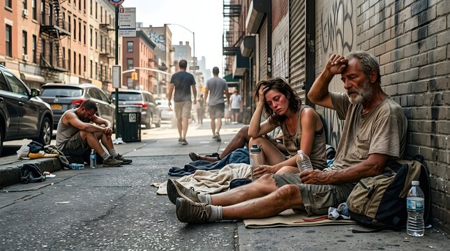 A group of homeless people resting on the sidewalk in a city street, capturing the raw and poignant reality of urban poverty and struggle.