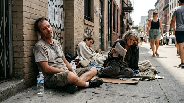 Three homeless people are resting on the sidewalk next to a brick building. One man is sitting against the wall, looking out with a tired expression. Another person is wrapped in a blanket, sleeping.