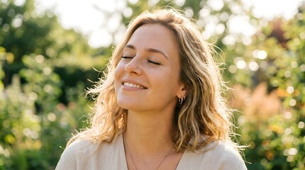 Naklejka premium A woman with closed eyes and a gentle smile, bathed in the soft, golden light of a summer afternoon, exudes serenity and contentment amidst a lush, natural backdrop.
