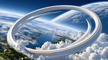 Fototapeta premium Futuristic rotating space habitat ring station in Earth orbit with centrifugal gravity and blue planet view