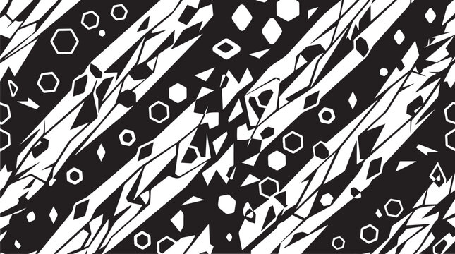 Seamless Black and White Geometric Pattern with Abstract Diagonal Tech Camouflage and Fragmented Hexagon Shards