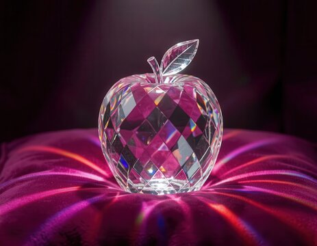 Decorative clear glass crystal apple surrounded by vibrant pink and purple plasma light waves.