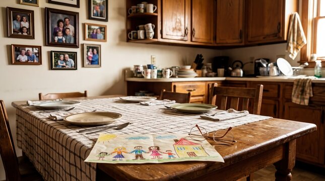 family bonding space, a cozy kitchen table set for three generations, adorned with family mementos