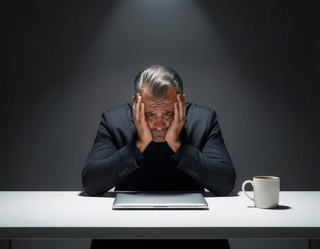 Stressed worried businessman in a dark formal suit holding his head in despair at a minimalist desk