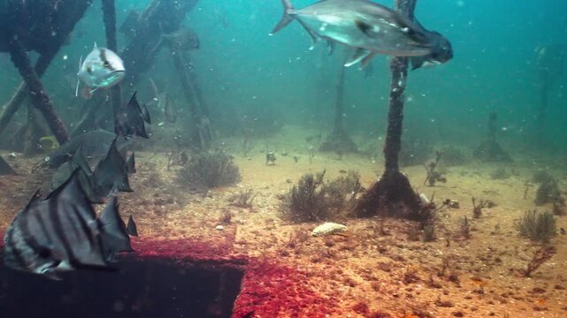 Small Baitfish Evading Large Predator Fish Charging Above Sunken Shipwreck