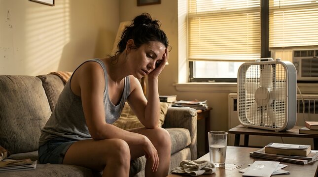 A woman sits on a couch, her head in her hand, appearing distressed and exhausted in a dimly lit room with a fan and a glass of water on the table.