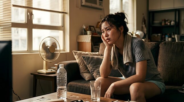 A young woman sitting alone on a couch, looking bored and tired while a fan blows in the background. She is in a living room with a table in front of her and a window behind her.