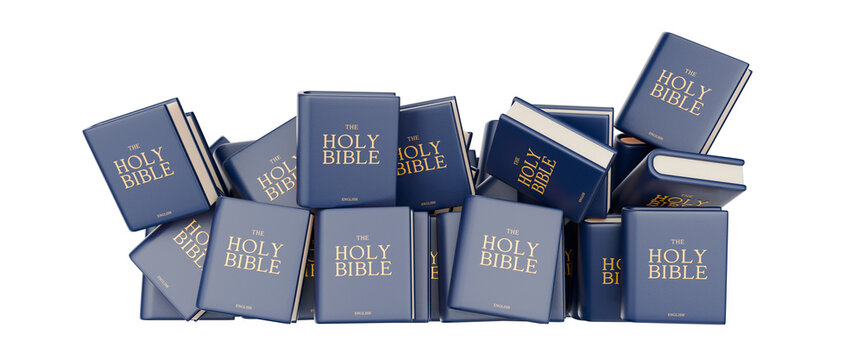 3d holy bibles bunched together in a pile