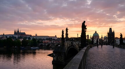 Obraz premium A breathtaking view of the Charles Bridge at sunrise, with Prague Castle silhouetted against a vibrant sky filled with hues of orange and pink.