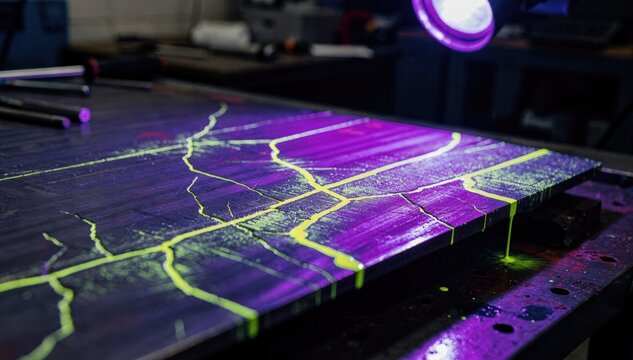 Detailed medium shot showing UV lighting illuminating dye penetrant marks on a steel piece during nondestructive testing emphasizing glowing areas and obscured background elements.